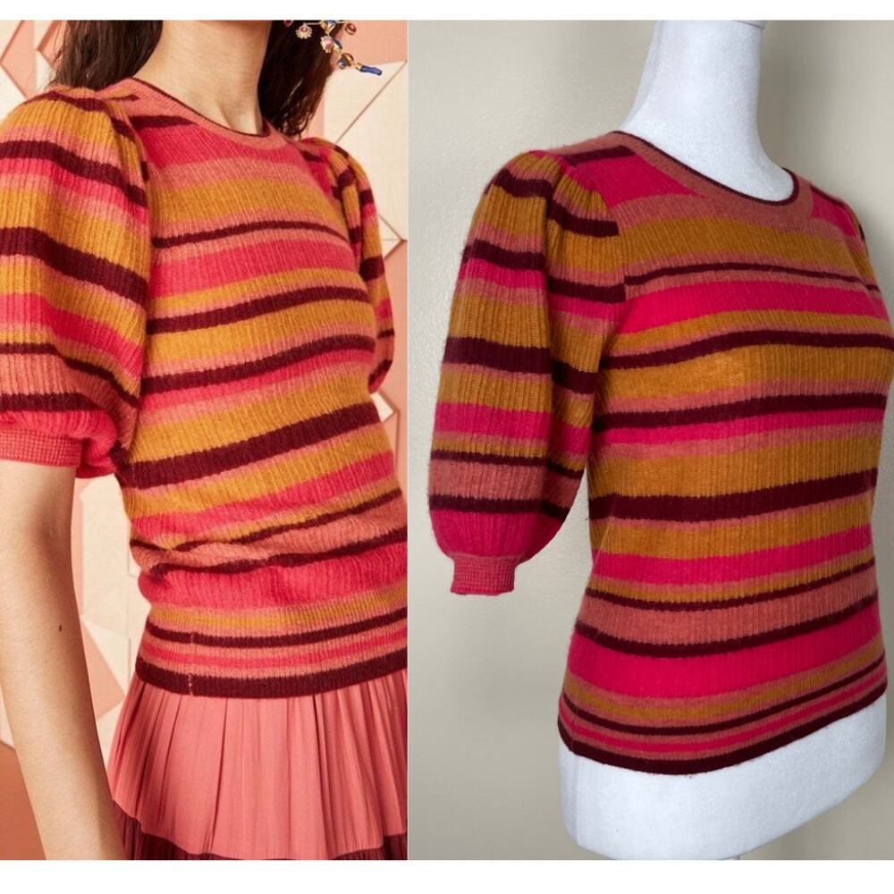 Ulla Johnson Ramia Striped Short Sleeve Sweater Womens Small Cerise Cashmere